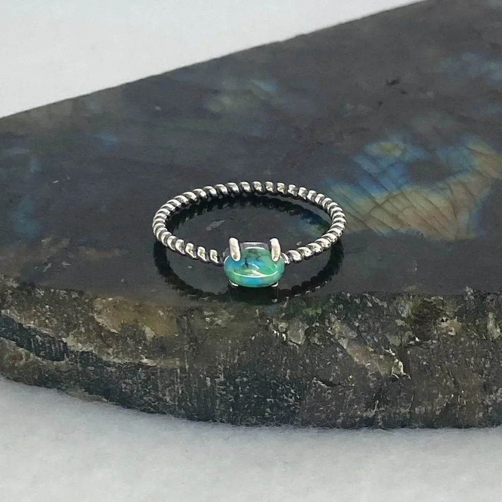 Sterling Silver 925 Minimalist Prong Set Turquoise Twisted Rope Band Ring Sz 8